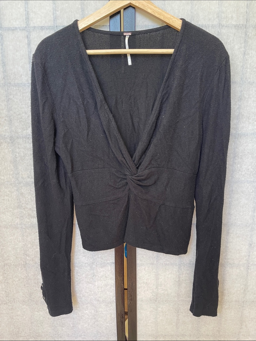Free People Black Long Sleeve Twist-Front V-Neck Top